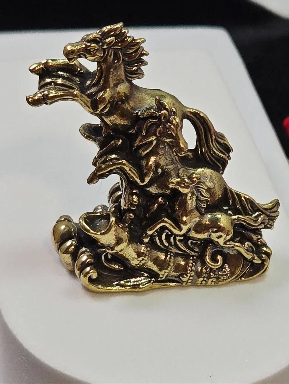 Vintage Brass Running Horses Figurine Miniature Statue FengShui Equestrian Decor